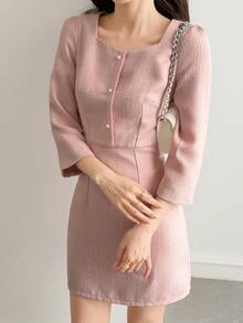 DAZY A字型连衣裙，方领七分袖，优雅粗花呢连衣裙，女士吊带裙 - 粉色 - 查看 6