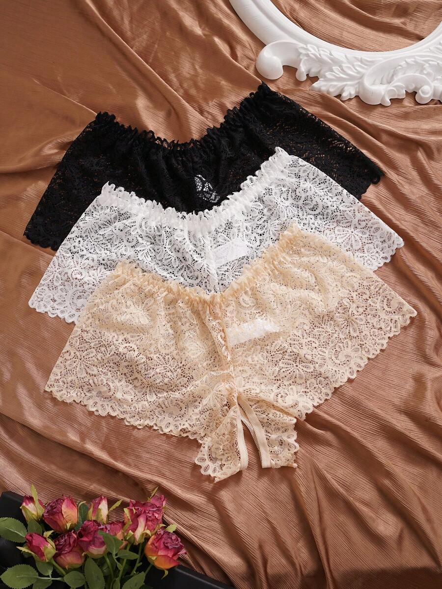 SHEIN 3pcs/Set Plus Size Lace Sexy Open Crotch Panties - Multicolor - View 1