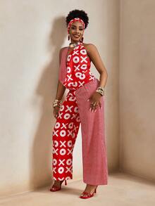 BamGleam 休闲度假风拼接水波纹印花露背系带吊带上衣搭配松紧腰宽松阔腿连体裤（女款） - 紅白色 - 查看 7