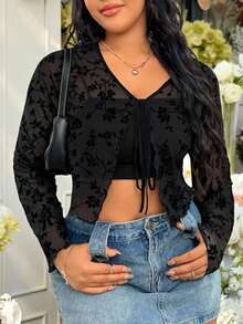 SHEIN EZwear 女裝大尺碼春夏百搭毛絨網紗花朵系帶短款上衣