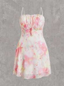 GalTyme 大码女式夏季透气网纱彩色花卉图案褶皱胸前蝴蝶结装饰吊带A字连衣裙 - 彩色 - 查看 6