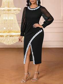 SHEIN Lady Women's Elegant Knitted Long Sleeve Black Dress - Black - View 6