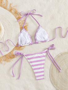 Swim Mod 2件套夏季新款纯色印花性感露背挂脖系带女式泳衣套装 - 紫色 - 查看 2