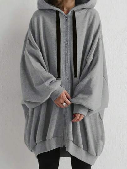 INAWLY Plus Size Women Casual Dropped Shoulder Long Sleeve Zip-Up Loose Sweatshirt