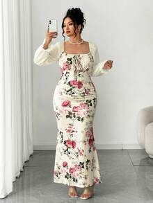 Elenzga 大码新款女式方领蝴蝶结雪纺泡泡袖设计长款连衣裙，适合约会、派对、日常穿着，收腰设计，修身显瘦，优雅青春，长款连衣裙，适合春、夏、秋季穿着。荷叶边鱼尾裙两件套连衣裙，优雅碎花连衣裙，女式牛仔连衣裙，优雅连衣裙，女式度假套装，优雅女装，女装连衣裙，女式正装 - 杏色 - 查看 4