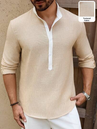 VENTUSAIL Men's Casual Contrast Color Splice Collar Half-Placket Shirt Men's Tunic Beige Men Shirt Men Shirts Linen Tan Men Shirt Men Kurta Old Money,Daily Leisure, Weekend Trips, Outdoor Activities, Travel Expeditions, Relaxed Work Environments Or Semi-Formal Occasions, Boyfriend/Husband Gift, Anniversary /Birthday Gift Party Summer Vacation Holiday New Years Wedding Valentine's Day