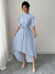 Elenzga 女士休闲纯色立领花瓣袖系带褶裥连衣裙 - 藍色 - 查看 4