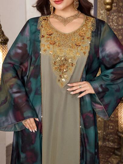 Al Najma Plus Size Women's Elegant Beaded Collar Long Sleeve Printed Dress, Suitable For Formal Occasions