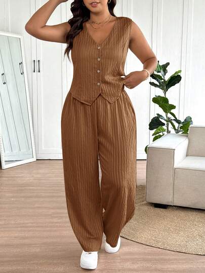 SHEIN Frenchy Plus Size Women Blazer Vest Design Casual Pants Suit