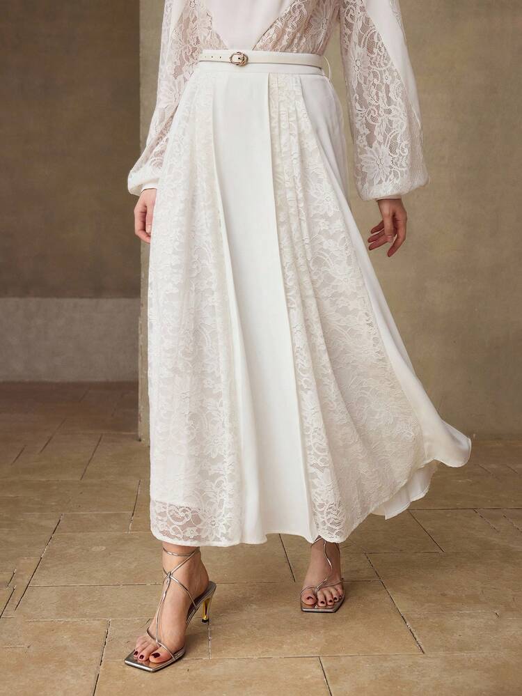 WOMEN'S ROMANTIC LACE PATCHWORK PLEATED A-LINE SKIRT, SUITABLE FOR SPRING/SUMMER