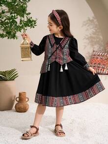 Young Girl Geometric Print Round Neck Long Sleeve Tassel Decor Casual Dress - Black - View 7