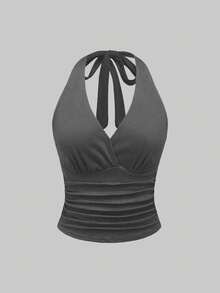 INAWLY Top halter ajustado y fruncido de talla grande estilo Y2K para mujer - Multicolor - Ver 3