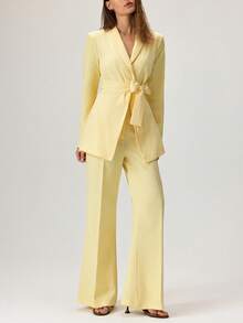 Cloudara Women Two Pieces Suit Sets Tie Front Detailed Blazer Jacket And Wide Leg Pants - Light Yellow - View 5