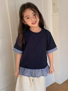 DAZY 女童撞色条纹圆领短袖T恤，秋季款 - 寶藍色 - 查看 5
