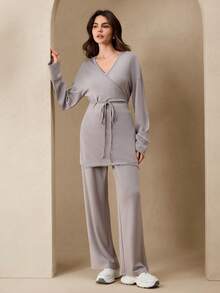 Graceveil 1pc Women's Casual Long Sleeve Fashionable Knit Thin Gray Set, Versatile For Daily Wear - Grey - View 4