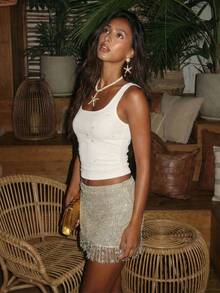 Opulessa Women's Solid Color Fringe Design Fashion Versatile Vacation Knit Skirt, Spring Break Outfits, Summer Outfits, Valentine's Day, Beach Skirt, Elegant Wedding Guest Skirt, Birthday Skirt, Casual Dresses, Vacation Outfits, Going Out Skirt - Gold - View 4