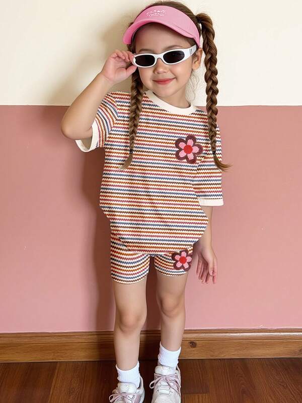 SHEIN 2pcs Dopamine Colorful Striped & Floral Embroidery Graphic Tee And Skinny Shorts Set, Casual Comfortable Loose Fit Round Neck Short Sleeve T-Shirt And Tight Bike Shorts, Suitable For Spring/Summer Daily, Home, Outing, Holiday, Easter