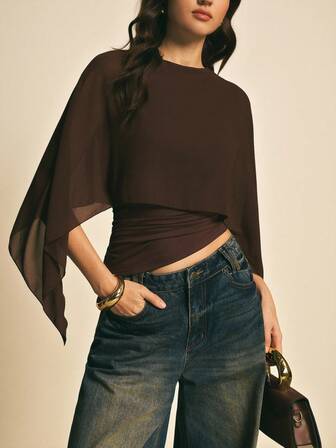 Poéselle Women's Brown Shawl Collar Casual Top,Elegant Blouses For Women ,Casual Women Outfits, New Year's Outfit For Women,Suitable For Daily Wear, Going Out, Commuting Fall/Winter, Batwing Sleeve Top, Coffee Brown Top, Dark Brown Top,