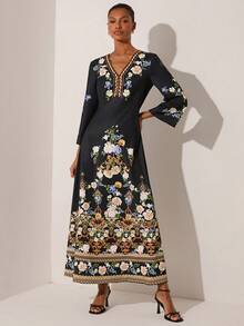 Lilora 女士优雅长款印花V领休闲连衣裙 - 黑色 - 查看 6