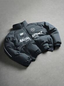 Manfinity Roghcode Men's Stand Collar Letter Print Raglan Sleeve Zip Front Winter Jacket Race Car Jacket Puffy Jacket Men Jackets Y2k Baggy Jacket - Dark Grey - View 3