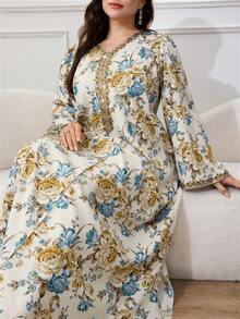Al Najma Đầm maxi cỡ lớn dành cho nữ, cổ chữ V, in hoa toàn thân, kiểu dáng Ả Rập cổ điển. - Nhiều màu - Xem 2