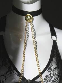 SHEIN 2pcs Sexy Lace Sheer Hollow Out Ring Decor Chain Jumpsuit Set - Black - View 8