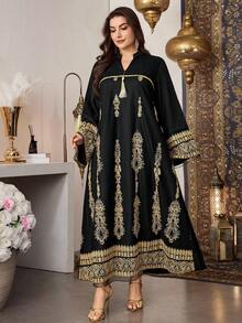 Al Najma Plus Size Women Elegant V-Neck Sequins Pendant Ribbon Beaded Loose Long Dress - Black - View 4