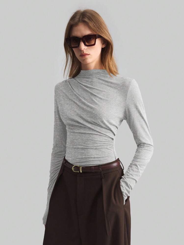 2026 Women's Pleated Mandarin Collar Long Sleeve Basic Tee,Grey,Autumn,Smart Casual,Office,Elegant Asymmetrical Cowl Neck Ruched Top,Old Money Style