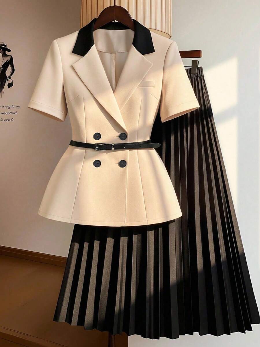 GlowEve CURVE Plus Size Women Casual Contrast Color Design Waist Belt Ruched Two Pieces Set - Multicolor - View 1