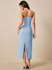 Poéselle Women's Solid Color Spaghetti Strap Fitted Long Dress With 3D Floral Decor - Baby Blue - View 4