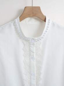 Franclia Women's White Collar Pearl Decor Splice Lace Puff Sleeve Casual Blouse, Suitable For Daily Commute, Outing, Afternoon Tea, Date, Vacation White Blouse Elegant Lace White Top White Elegant Top Ruffle Blouse Lace Shirts