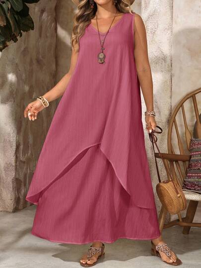 EMERY ROSE Plus Size Women's Summer Casual Vacation V-Neck Sleeveless 2 In 1 White Maxi Dress,Spring Break Outfits ,Vacation Outfits Women ,Holiday Outfits For Women,Going Out Outfits,2026 New Clothes,Simple And Fashionable For Everyday Wear, Women Maxi Summer Dress, Solid Color Dress, Long Summer Dress, Casual Long Dress,Dress Modest,Sun Dresses For Women,Sundress,Flowy Dress,Holiday Outfits Boho, Summer Dress, Summer Casual Dress