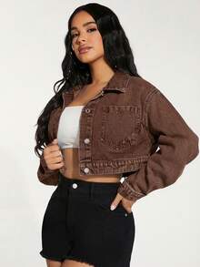 SHEIN PETITE Chaqueta corta de mezclilla con botones delanteros y bolsillos, estilo lavado de calle para mujer - Café integral - Ver 4