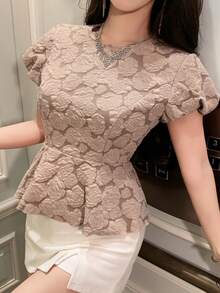 DAZY Women's Elegant Jacquard Round Neck Ruffle Hem Puff Sleeve T-Shirt, Summer - Apricot - View 6