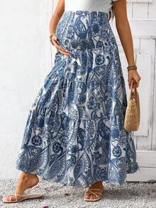 SHEIN Maternity Vacation Cashew Print Adjustable Waist Drawstring Elegant A-Line Skirt - Blue and White - View 5