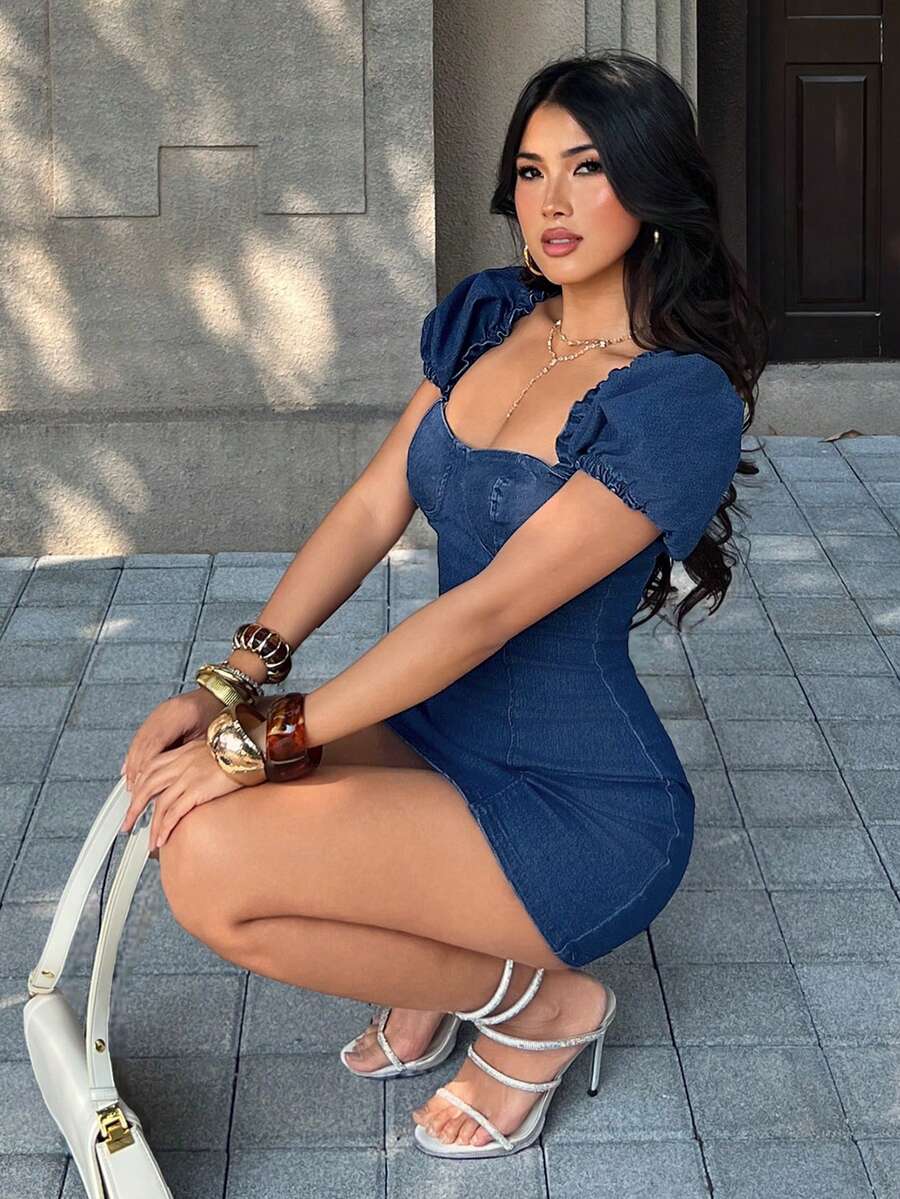 SHEIN PETITE Sexy Fitted Mini Denim Dress, Summer - Blue - View 1