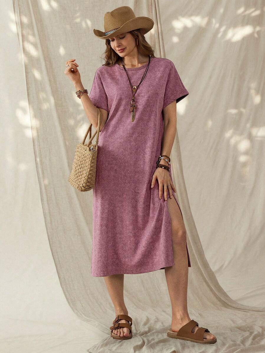 Wildy Đầm nữ phong cách BOHO giản dị kiểu miền Tây nước Mỹ cổ điển, xẻ tà, thích hợp mặc hàng ngày vào mùa xuân/hè, dài ngang gối, đi làm hoặc dự lễ hội âm nhạc. - Màu tím - Xem 1