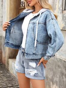 Breezaya 女士宽松浅蓝色水洗拉链牛仔连帽外套 - 淺色水洗藍 - 查看 7