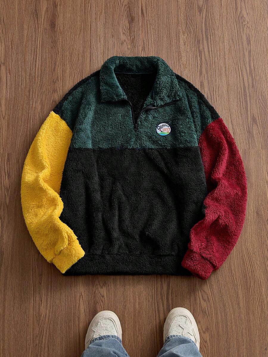 SWAVVY Men's Patchwork Fleece Sweatshirt, Autumn/Winter - Black - View 1