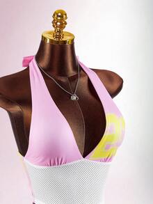 Amplova Women's Halter Neck 2 Pieces Sportswear Set Women's Waist Hollow Mesh See-Through Sexy Revealing Shorts Set Babyphat Purple Easter - Pink - View 5