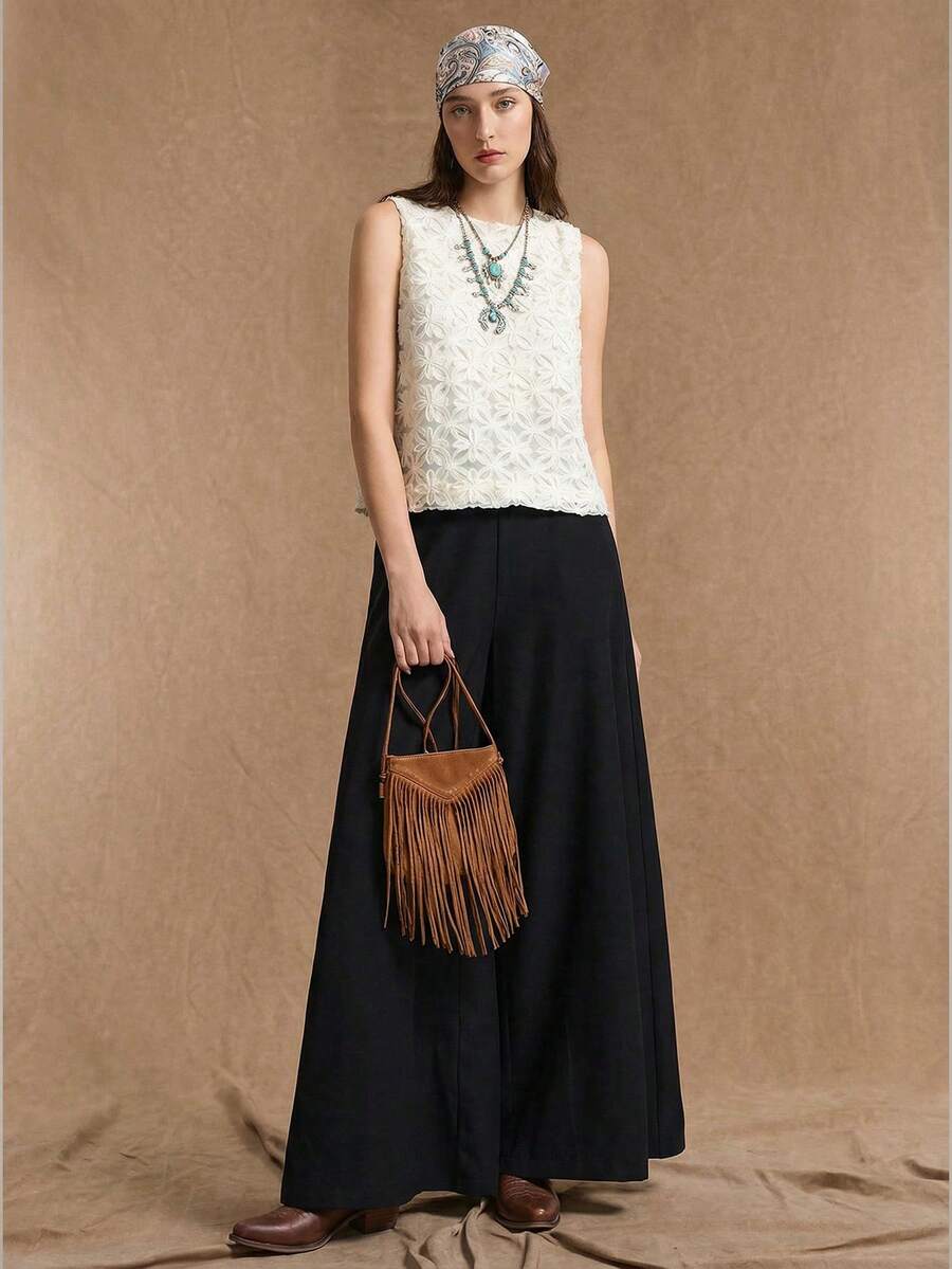 Ontre 女士四季白色立体花卉背心，简约无袖圆领背心，时尚极简背心 - 杏色 - 查看 1