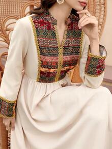 Al Najma Women's Notched Collar Belted Elegant Long Sleeve Turkish Maxi Dress, Arabic Abaya Maxi Dresses For Women Turkish Dress - Multicolor - View 1