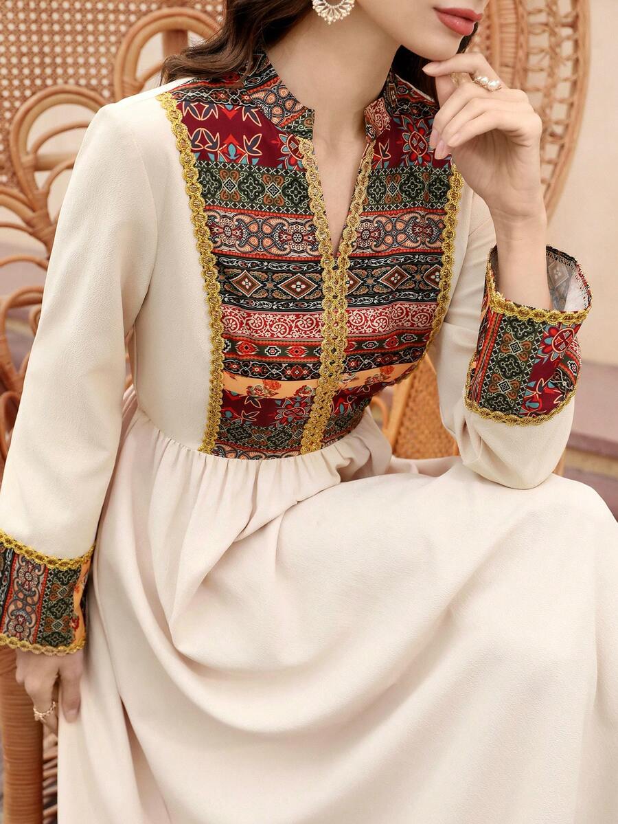 Al Najma Women's Notched Collar Belted Elegant Long Sleeve Turkish Maxi Dress, Arabic Abaya Maxi Dresses For Women Turkish Dress - Multicolor - View 1