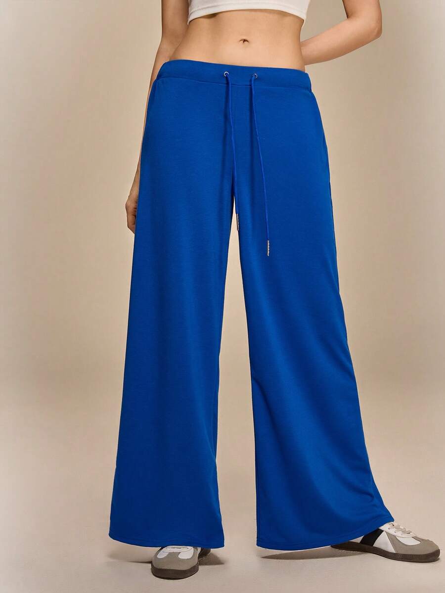 Hanevo Quần thể thao dáng suông ống loe rộng, cạp chun cho nữ tuổi teen, kiểu dáng thường ngày. - Màu xanh lam - Xem 1