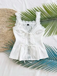 Soleia 女士度假性感V领蕾丝拼接吊带背心，适合假日、约会、下午茶、度假、音乐节、波西米亚风、嬉皮风、西部风等场合，可内穿或外穿，四季皆宜，日常通勤白色娃娃衫蕾丝上衣白色沙滩上衣白色夏季上衣白色镂空上衣情人节性感穿搭灵感，音乐节，休闲度假 - 白色 - 查看 6