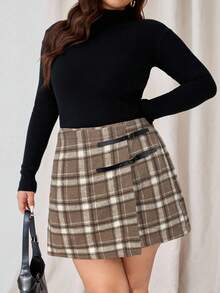 Auralis Plus Size Plaid Casual Skirt - Khaki - View 6