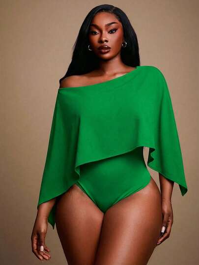 Radiana 大码女式优雅性感日常基础款绿色纯色优雅露肩蝙蝠袖斗篷式连体衣