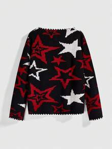 ROMWE Grunge Punk Women's Hippie Dark Round Neck Contrast Color Cardigan With Moon & Star Jacquard - Black - View 2