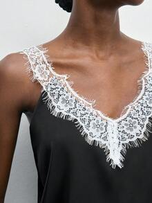 Maija Black And White Lace Patchwork Camisole Top For Women,Elegant,Summer Date Night,Skin-Friendly,Versatile Beach,Party,Valentine's Day,Spring Break Top - Black and White - View 7