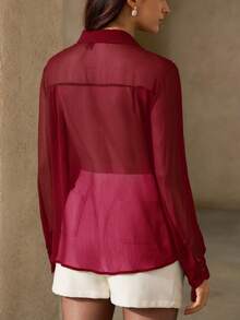EMERY ROSE Women's Vintage French Style Ruched Patchwork Blouse, Unique Design, Lightweight Sheer Protection Collared Button-Up Long Sleeve Shirt, Spring/Summer - Burgundy - View 6